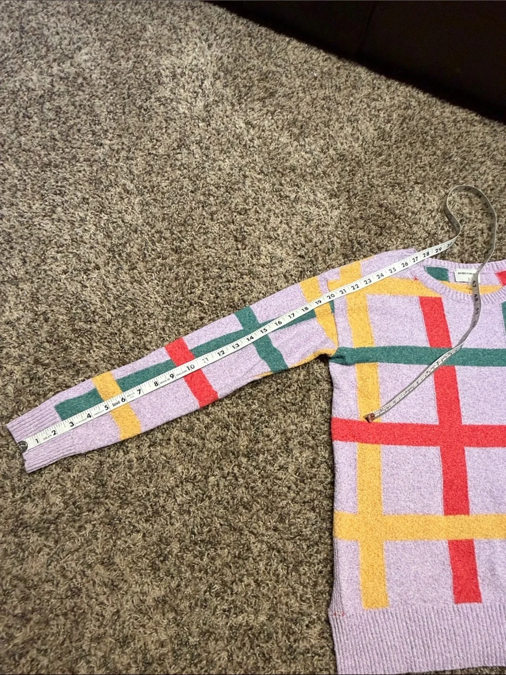 Bobo Choses Lavender Crewneck Sweater with Red, Green and Yellow Plaid - Picture 11 of 11